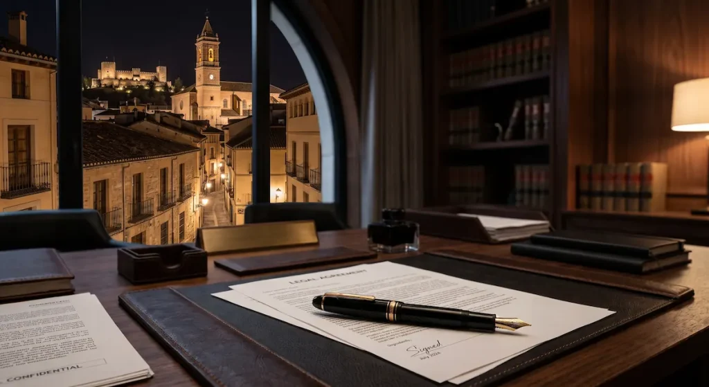 Escritorio elegante con documentos legales para reclamar una incapacidad permanente por ansiedad laboral.