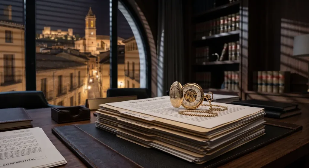 Reloj de bolsillo dorado sobre documentos legales, representando el retraso en el protocolo de acoso laboral.